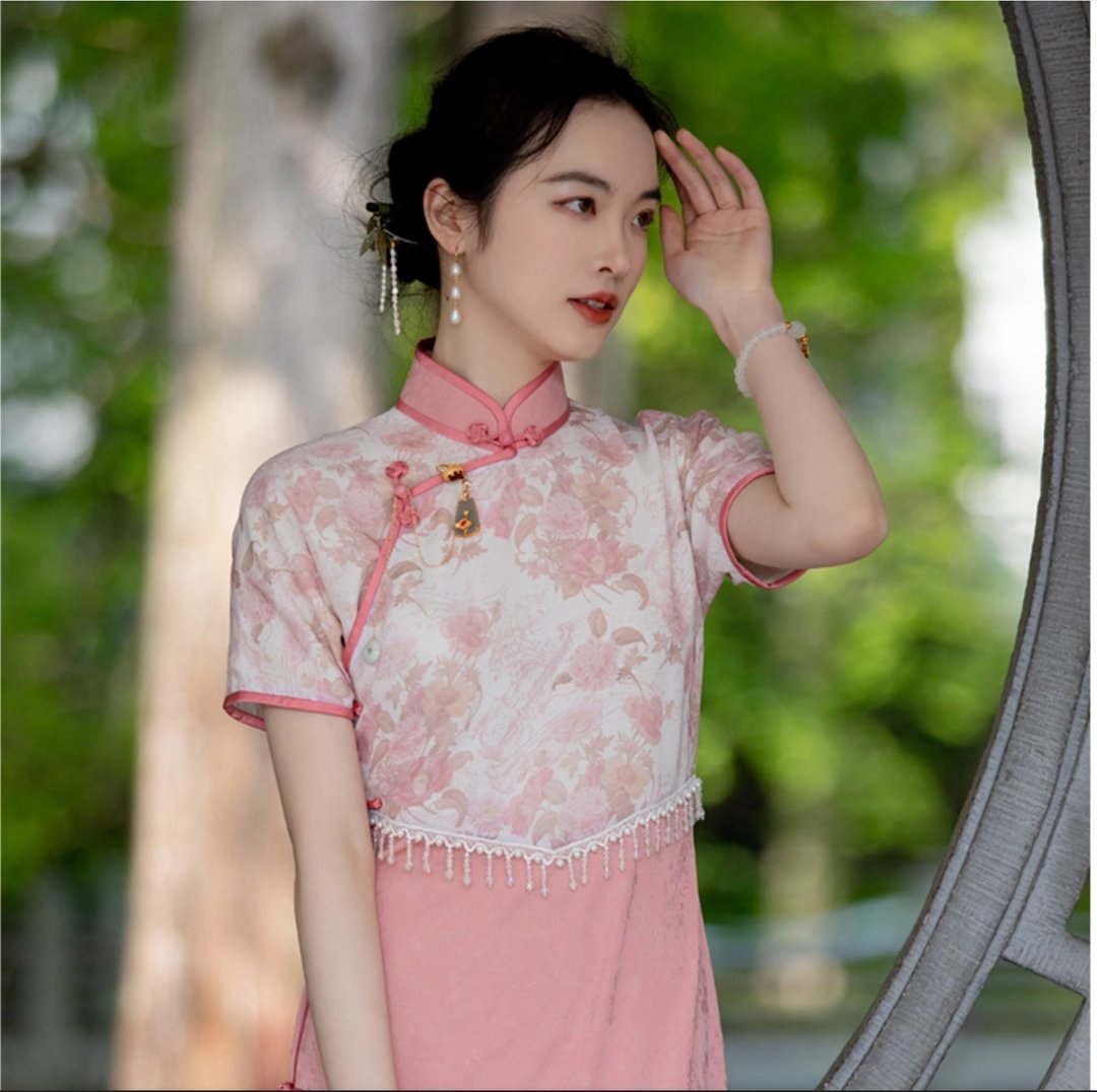 蔷薇小姐 新中式復古少女改良旗袍 - 旗袍 - 聚酯纤维 粉红色