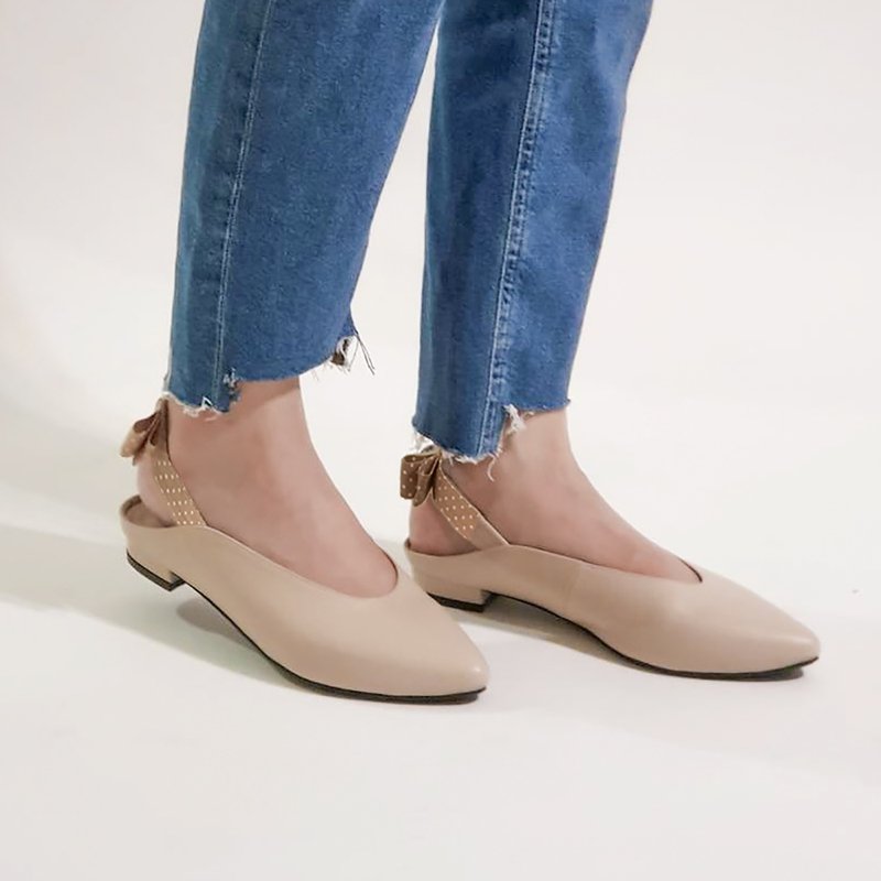 后系带穆勒!结花小礼物尖头鞋 裸肤 全真皮 MIT 麦芽圆饼色 - 穆勒鞋 - 真皮 卡其色