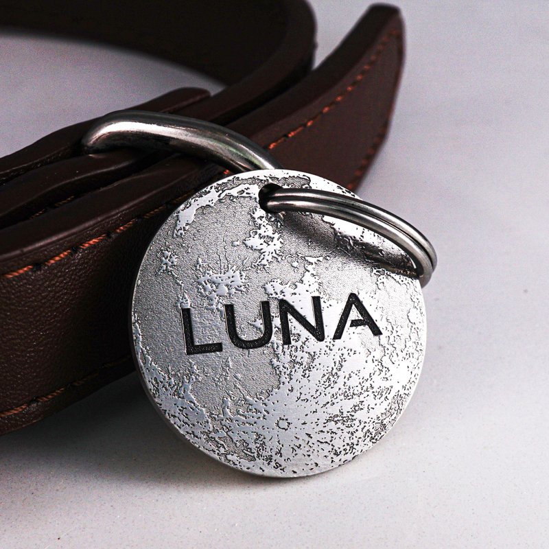 Luna 宠物牌 月亮狗牌 雕刻狗名牌猫牌定制银河狗牌 - 项圈/牵绳 - 不锈钢 银色