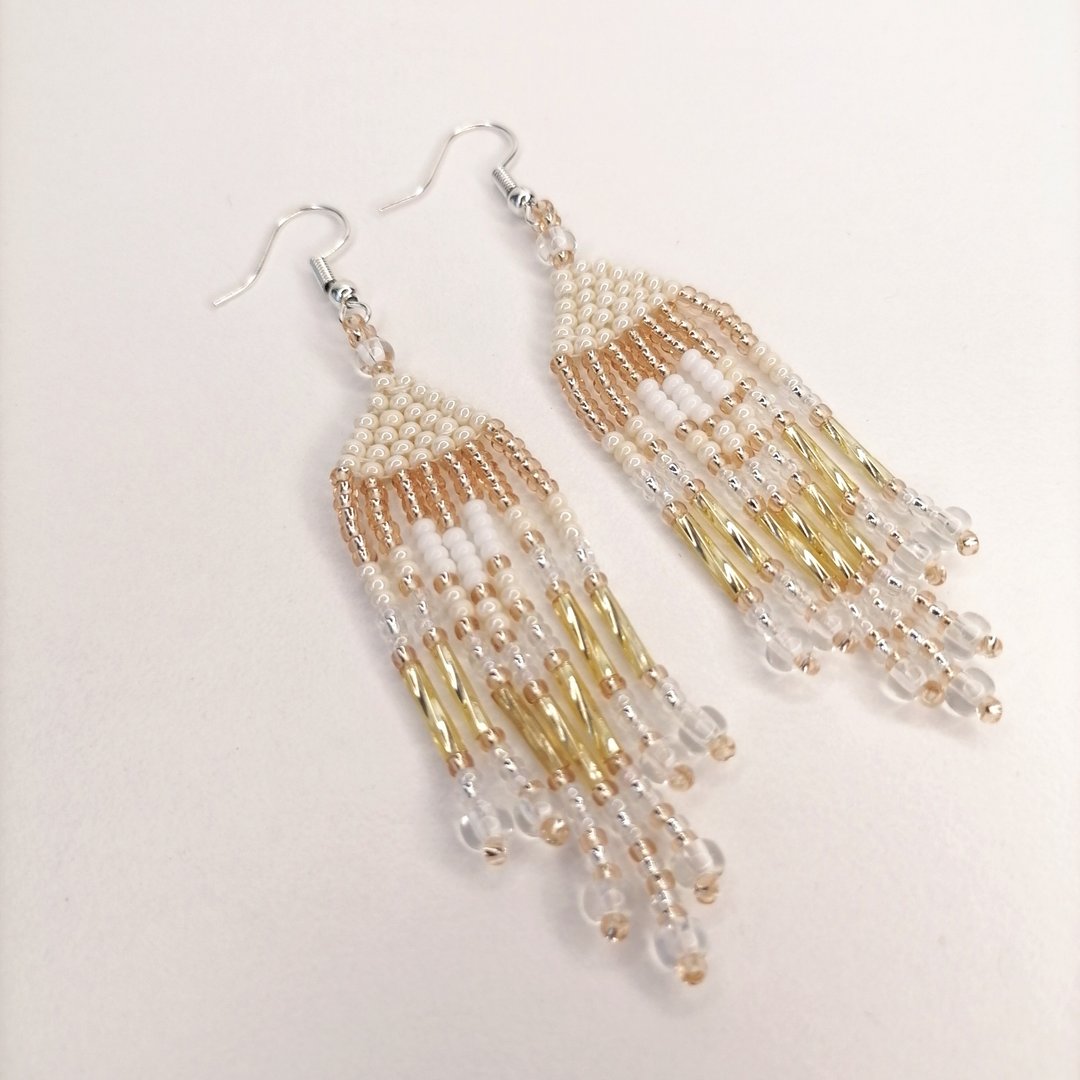 Long beaded earrings, Beaded earrings, Feather earrings, Earrings - 耳环/耳夹 - 其他材质 金色