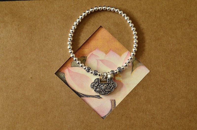 手工纯银 繁华牡丹花如意锁  设计纯银珠珠手串 - 手链/手环 - 纯银 银色