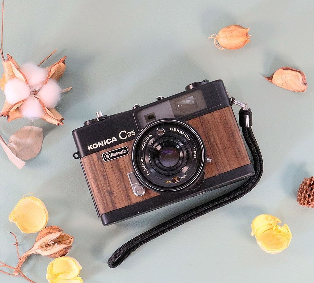 【包邮】【功能完好】天然木贴皮限定款 复古底片相机 Konica KONICA C35 flashmatic S/N674224 - 相机 - 其他金属 咖啡色
