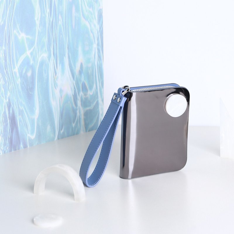 【Mell】设计感打蜡牛皮好质感拉链短钱包 银黑 波光 （制作中） - 皮夹/钱包 - 真皮 银色