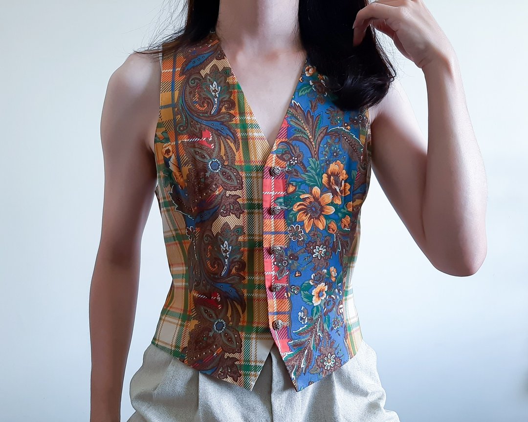 复古 70 年代佩斯利花卉印花背心 嬉皮背心 夏季背心 S 码 - 女装衬衫 - 聚酯纤维 咖啡色