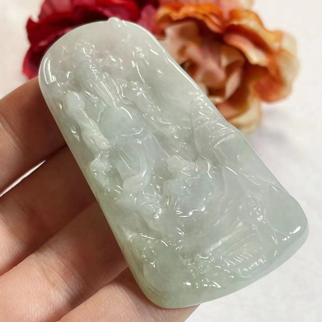 多宝晶石/天然翡翠A货/山水财神/财神爷玉佩/招财//山水牌/附证书 - 项链 - 玉石 透明