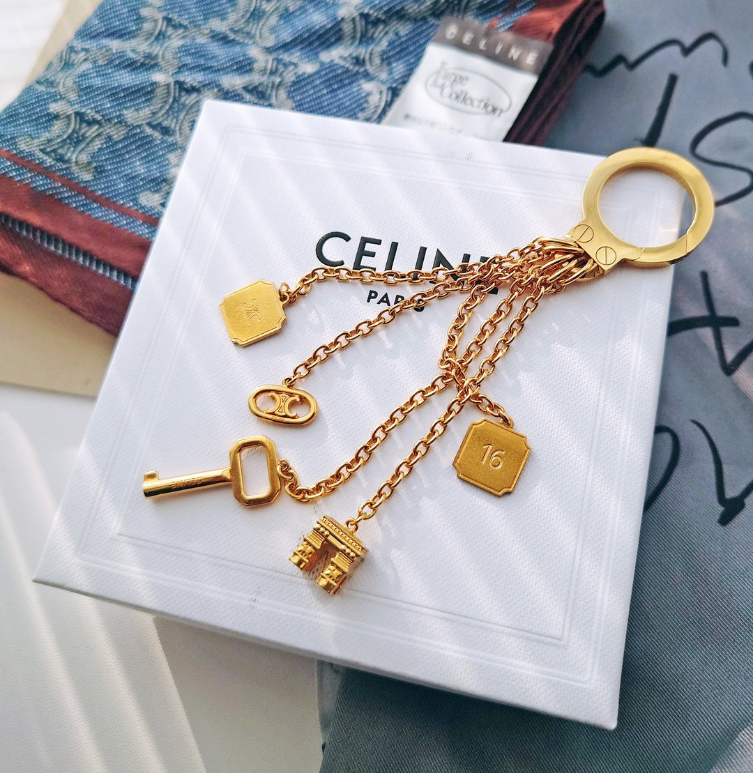 中古美品 带盒 CELINE 黄金凯旋门流苏包包挂饰 挂件锁匙扣钥匙圈 - 钥匙链/钥匙包 - 铜/黄铜 黄色