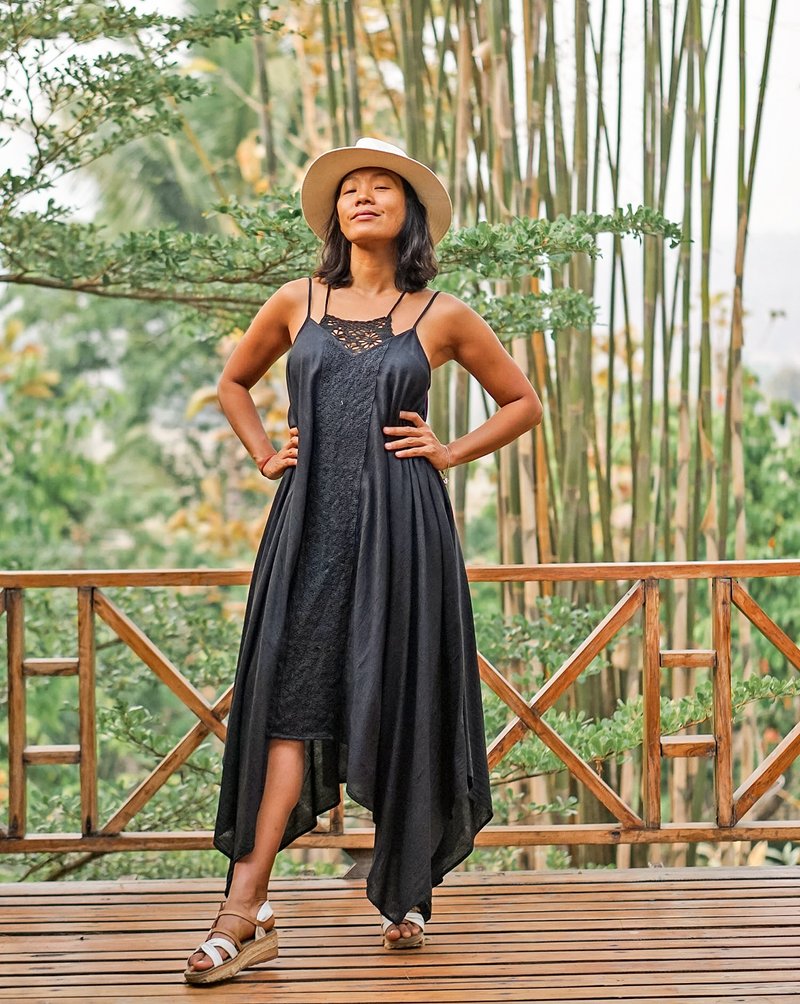 夏季长款黑色蕾丝钩针洋装。不过膝长度的晚宴不对称洋装，适合女性。 - 洋装/连衣裙 - 其他材质 