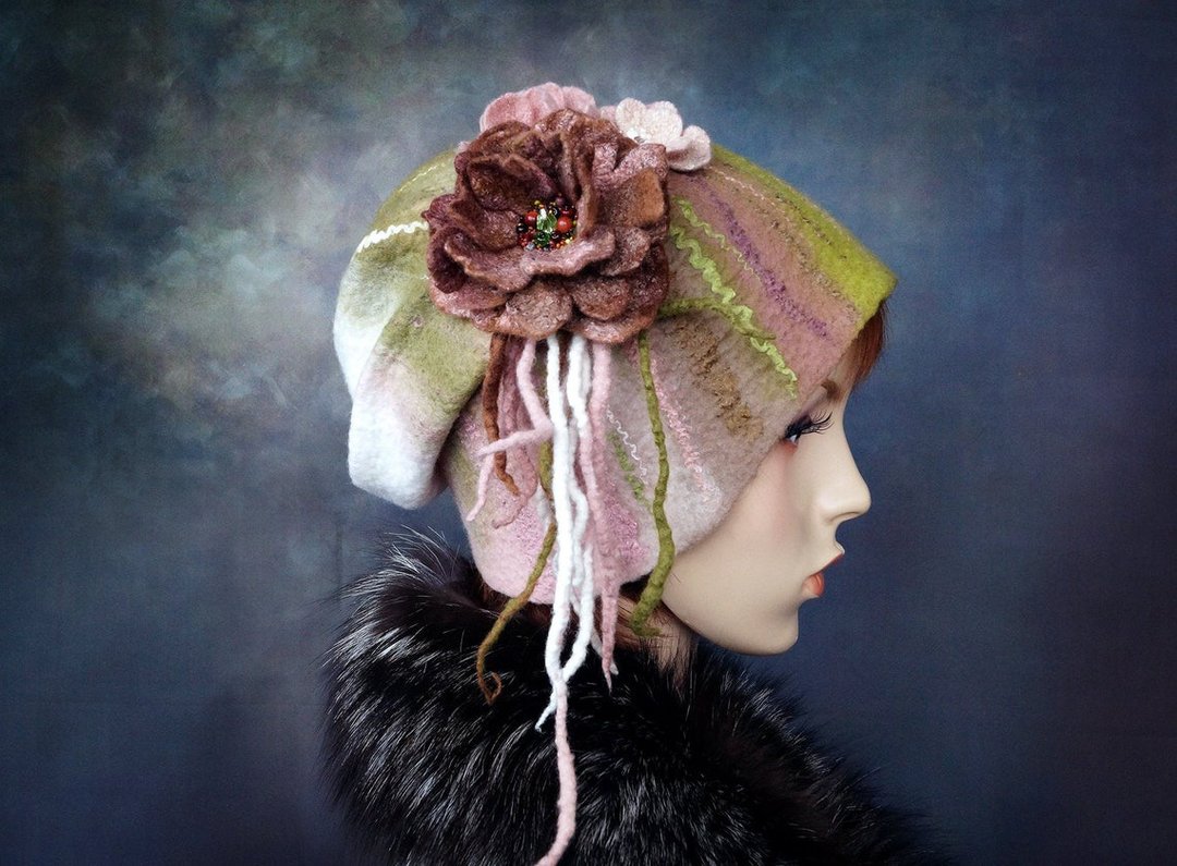 beautiful winter hat with flowers and plaits felted merino wool original design - 帽子 - 羊毛 多色