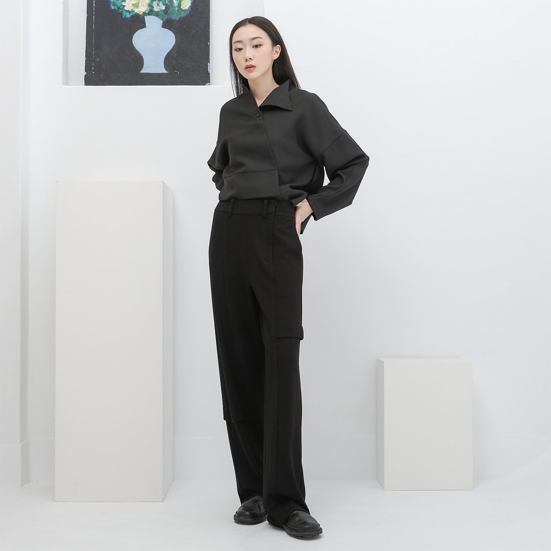 Xingyun_行云剪接宽裤_22AF203_ 黑 - 女装长裤 - 聚酯纤维 黑色