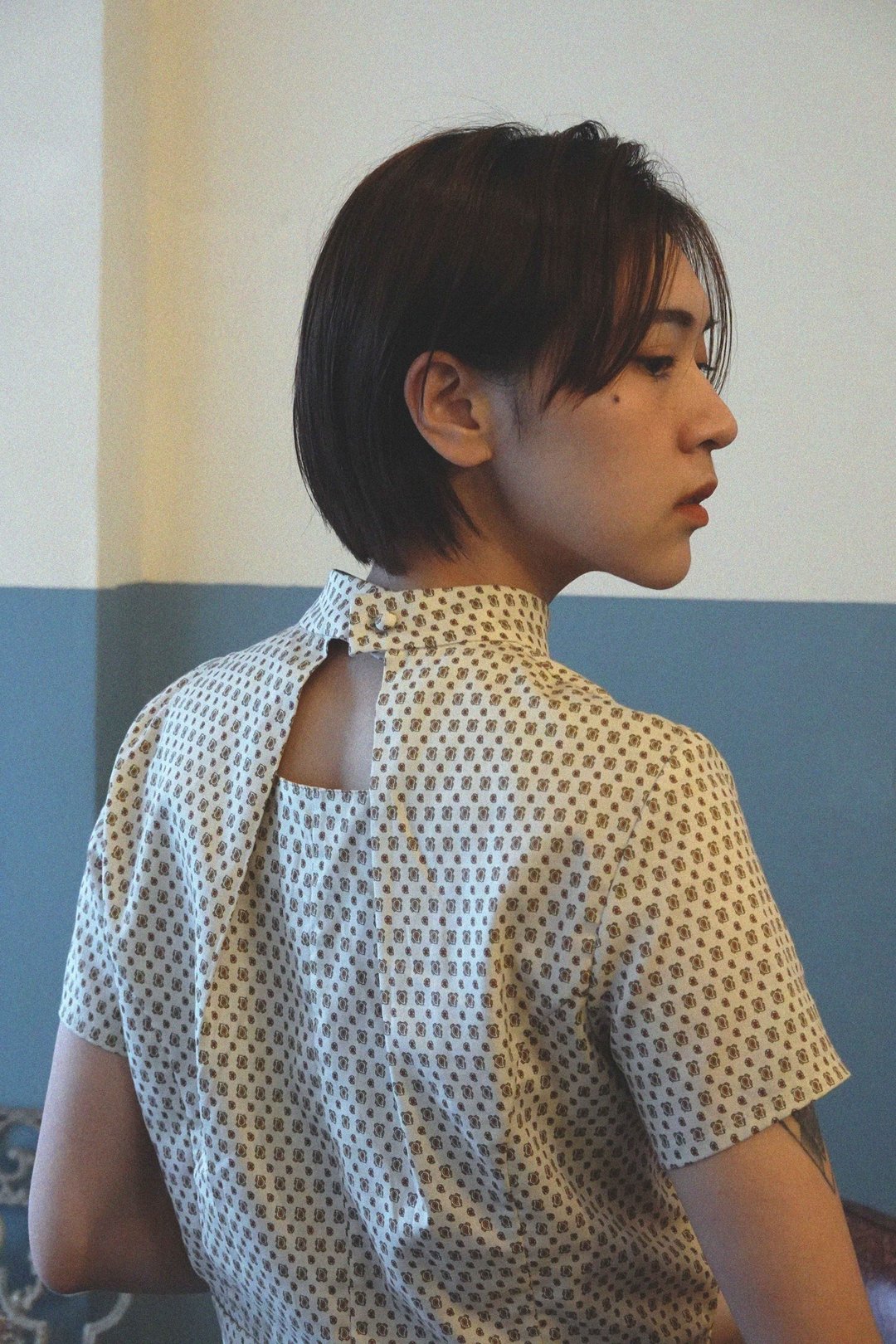 立领剪褶衫 // 白图腾 - 女装上衣 - 棉 白色