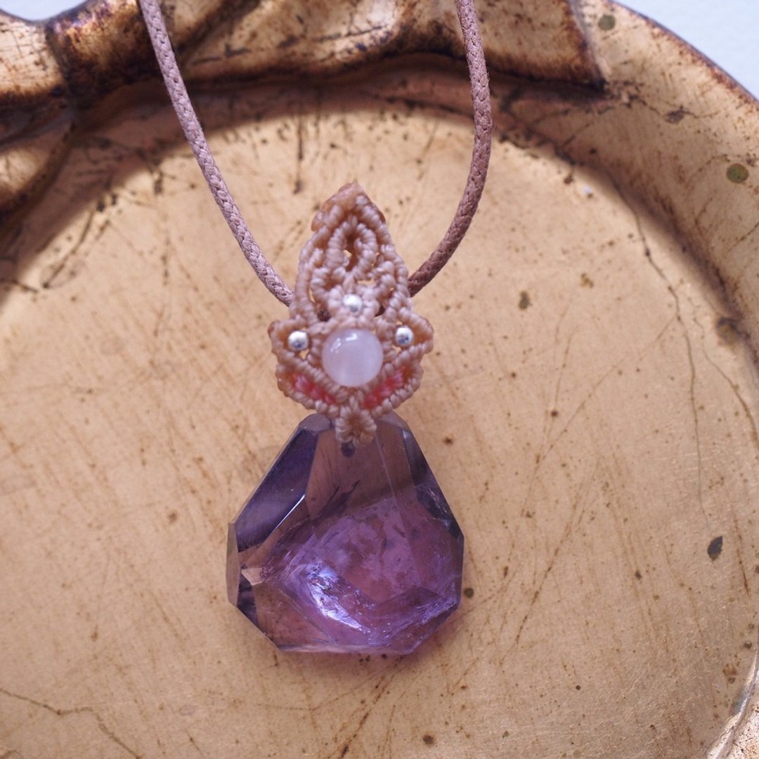 天然紫水晶随形切面 粉晶 纯银巴西蜡线编织 Amethyst Necklace - 项链 - 水晶 紫色