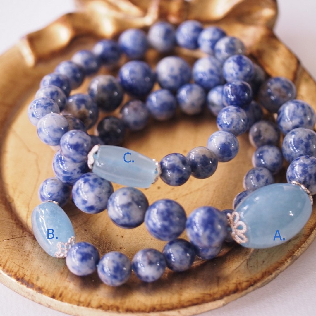 天然海水蓝宝石 苏打石 方钠石 纯银手环 Aquamarine Sodalite - 手链/手环 - 半宝石 