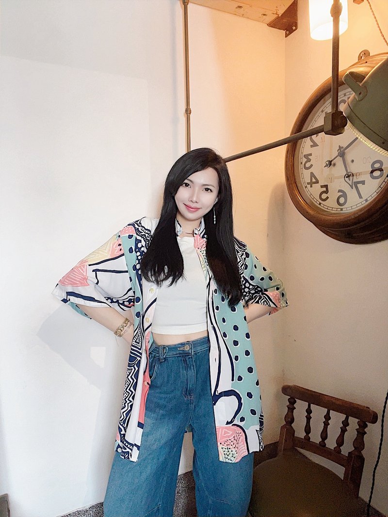 几何色块 夏威夷衫 古着衬衫上衣 Aloha Shirt ハワイアンシャツ - 女装衬衫 - 丝．绢 多色
