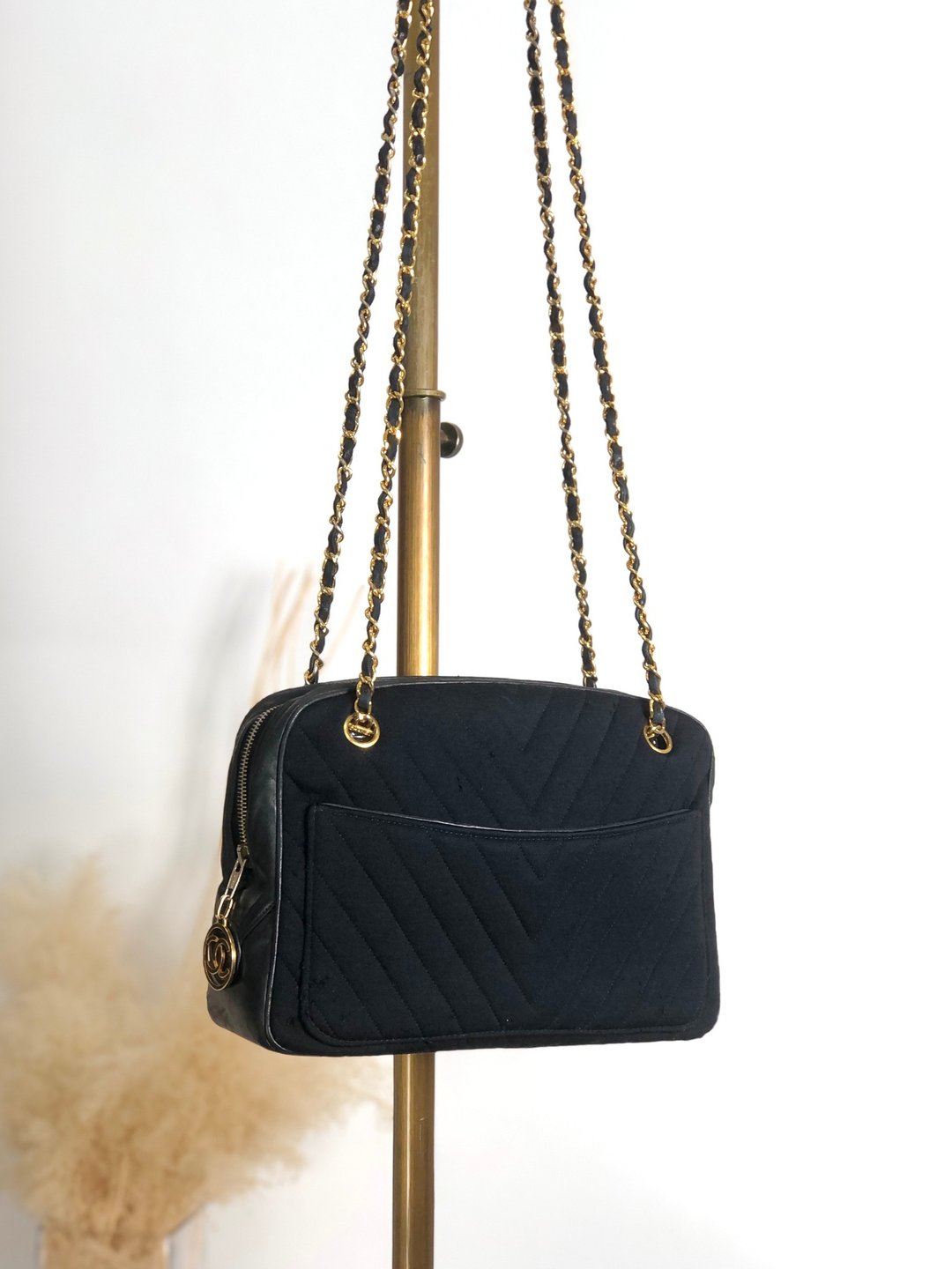 【日本直送 名牌中古包】CHANEL 香奈儿 黑色 菱格纹 双 C 标志 帆布 链条 肩背包 vintage akbfxb - 侧背包/斜挎包 - 棉 黑色