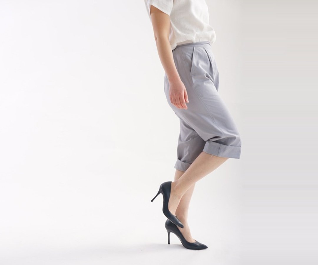 Oxford wide cropped pants / Shine gray bo2-20 - 女装长裤 - 棉 灰色