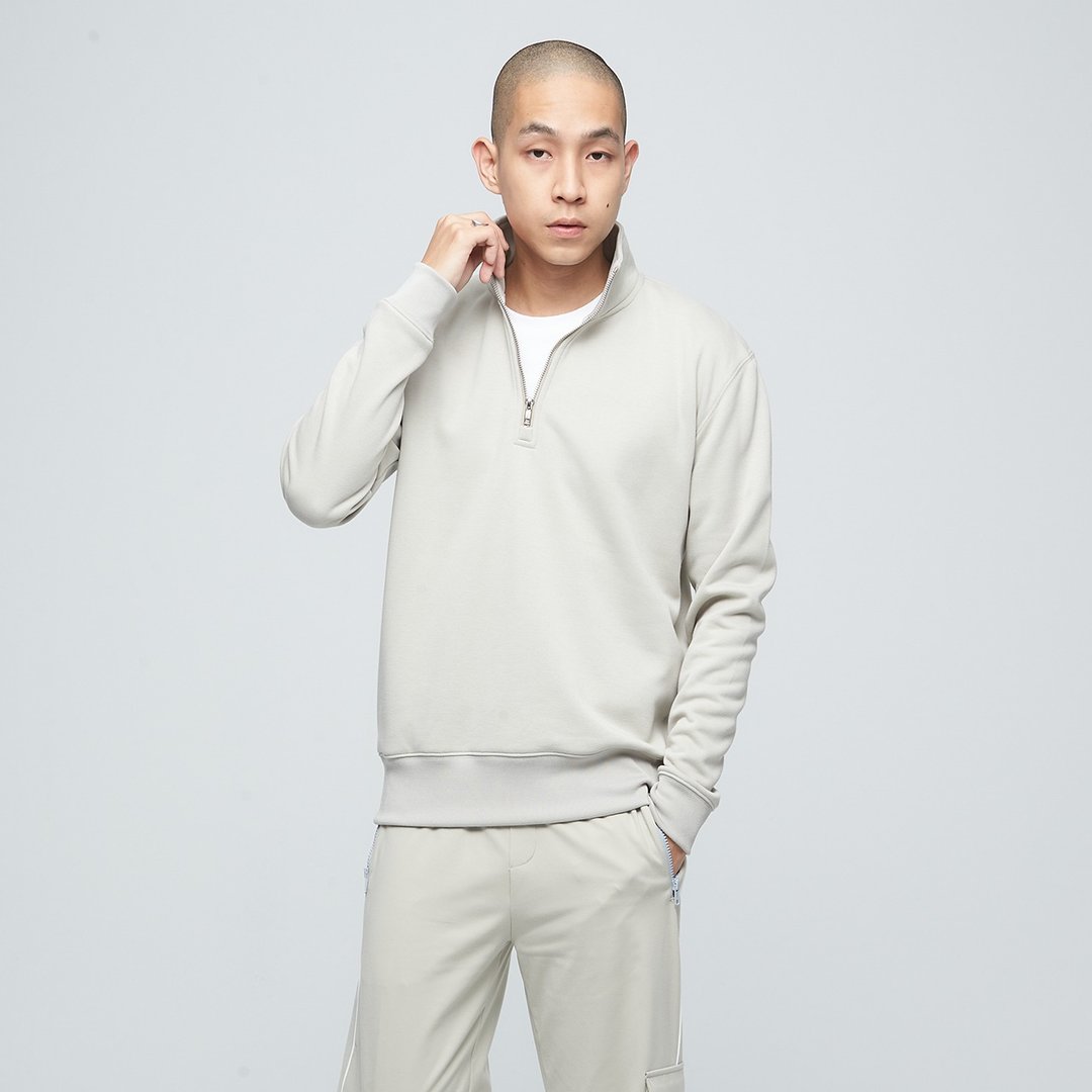 不可退换 /立领拉链开襟长袖上衣(中性)-灰毛柳 - 男装上衣/T 恤 - 聚酯纤维 灰色