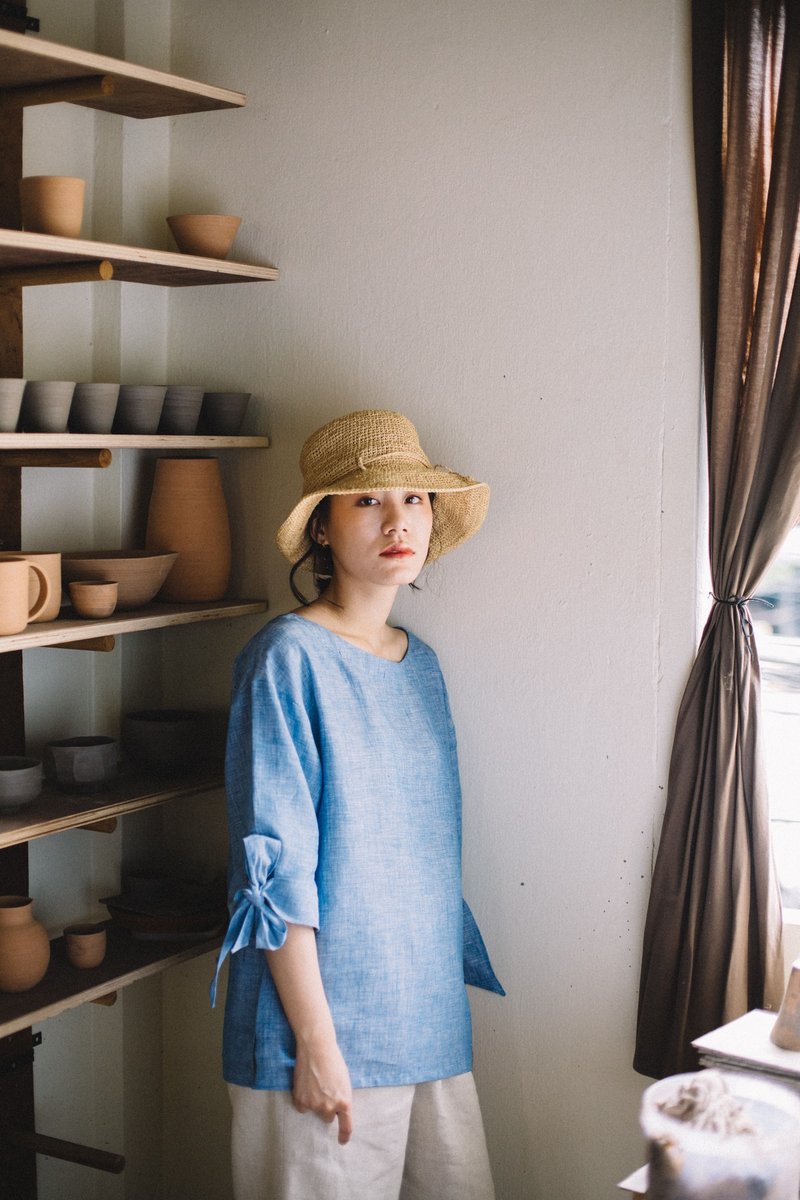 Tunic top with bow tie in Blue Chambray - 女装上衣 - 棉．麻 蓝色