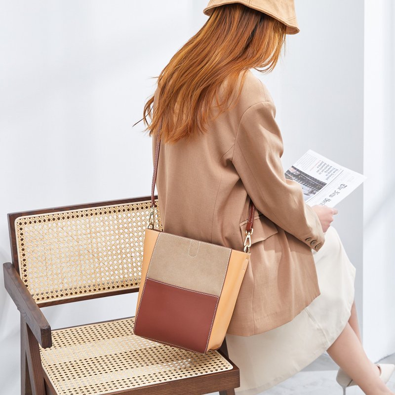 **Hakken  时尚拼色真皮包 水桶包 牛皮** - 侧背包/斜挎包 - 真皮 咖啡色