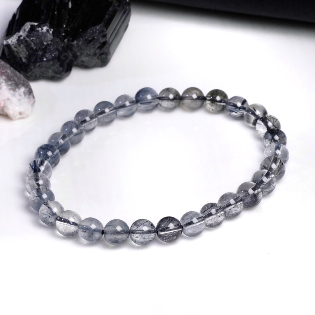 一图一物│#279 6mm 黑发晶水晶手链 晶体清澈 辟邪化太岁防小人 - 手链/手环 - 水晶 黑色