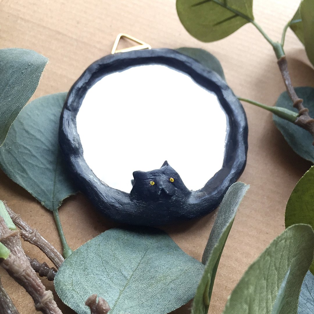 黑蝙蝠猫小圆镜 - 摆饰 - 陶 黑色