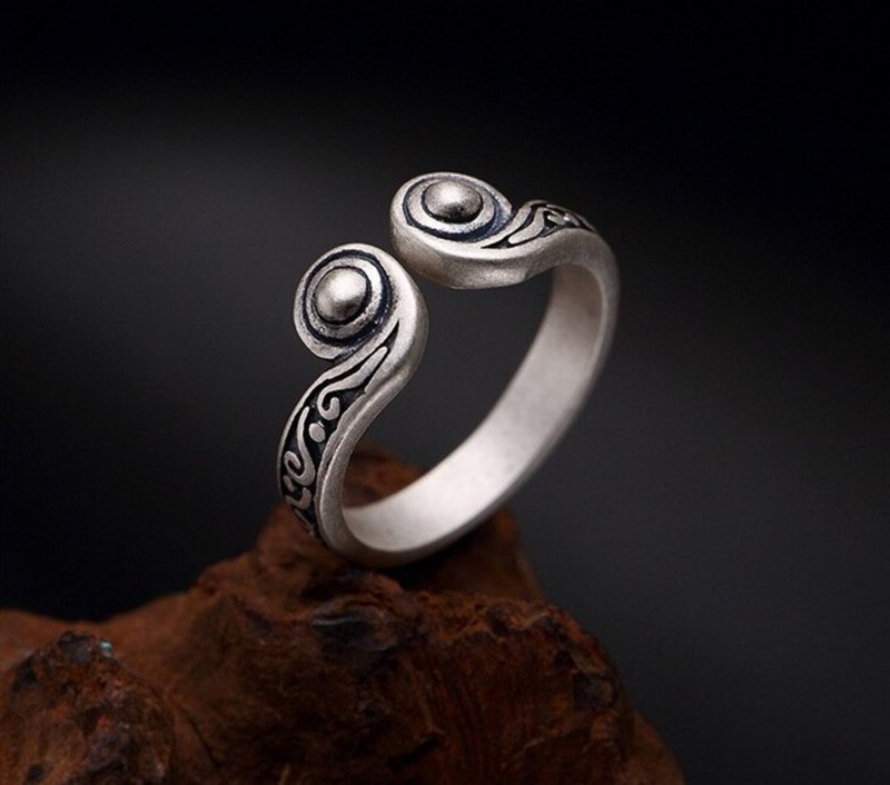 Real 990 Silver Fine Jewelry Handmade Engraved Vintage Patterns Opening Rings - 戒指 - 银 银色