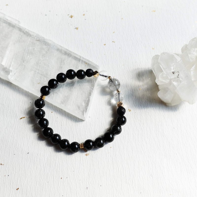 【设计款】黑色守卫 天然黑发晶X火山岩X白水晶手链【8mm】 - 手链/手环 - 水晶 黑色