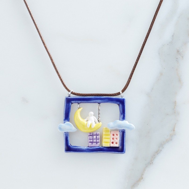 月亮上的人－手工白瓷颈链 - 颈链 - 瓷 蓝色