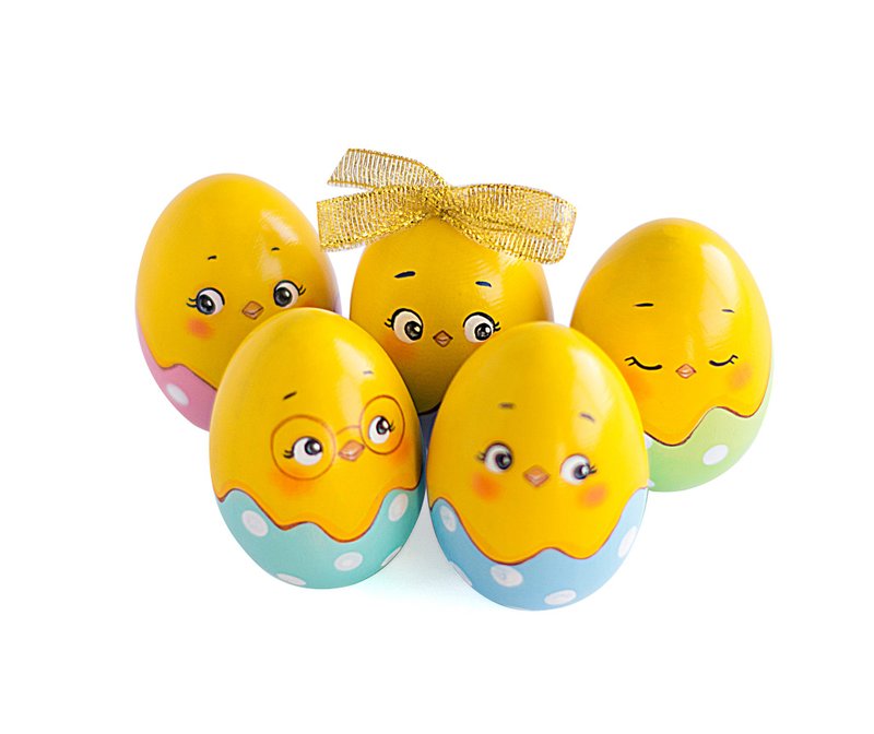 Easter handpainted wooden egg cute hatched chick 1st gift Egg hunt Basket filler - 玩偶/公仔 - 木头 多色