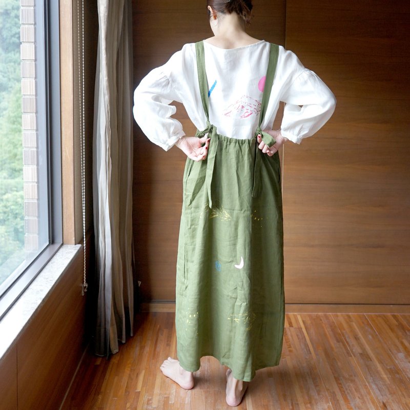 Yinke手工印花制作绿色亚麻山棱月亮 / 大块小手 绑带口袋裙洋装 - 洋装/连衣裙 - 棉．麻 绿色