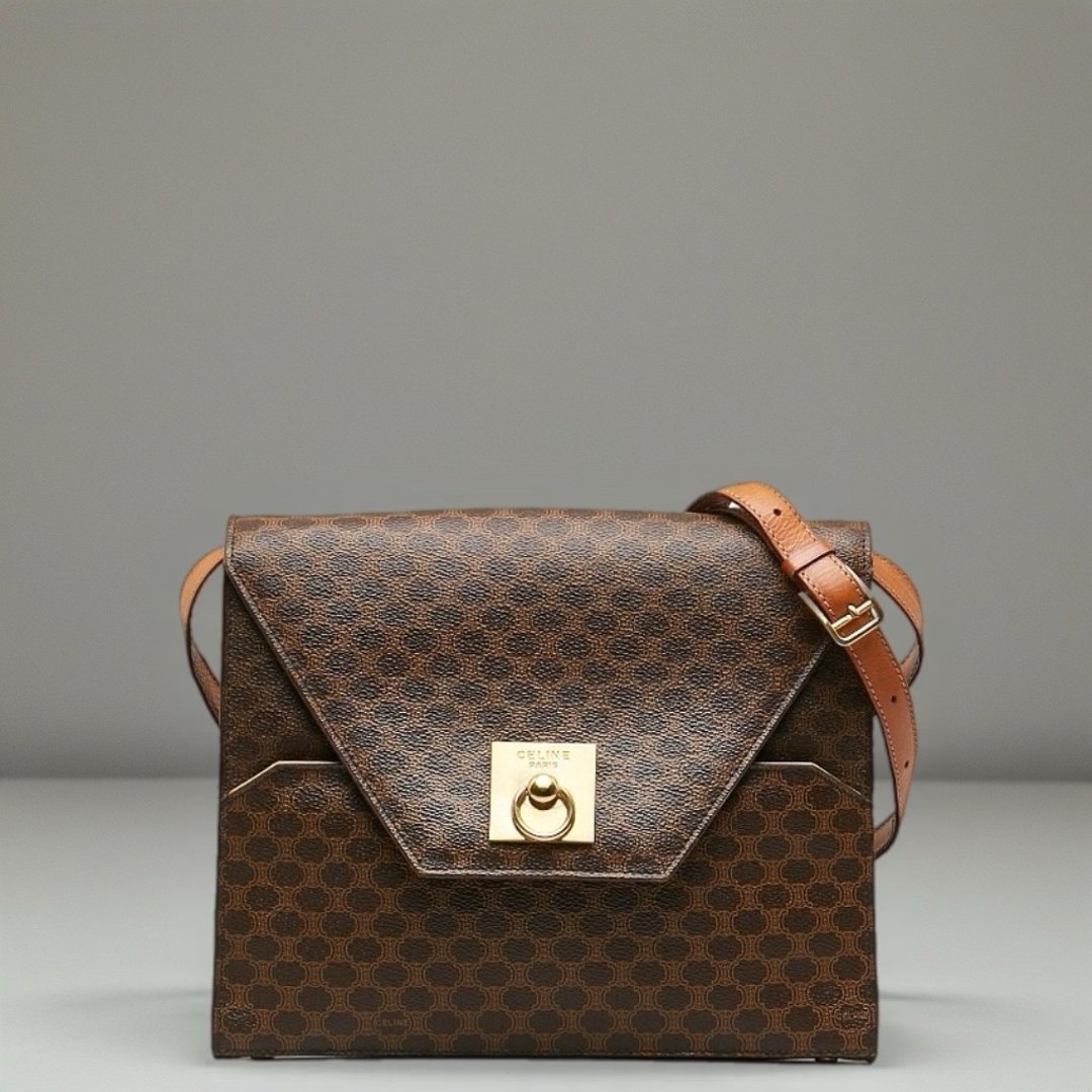 中古包 Celine 老花信封盒子包 皮革包 斜背包 单肩包 侧背包 二手 - 侧背包/斜挎包 - 真皮 咖啡色