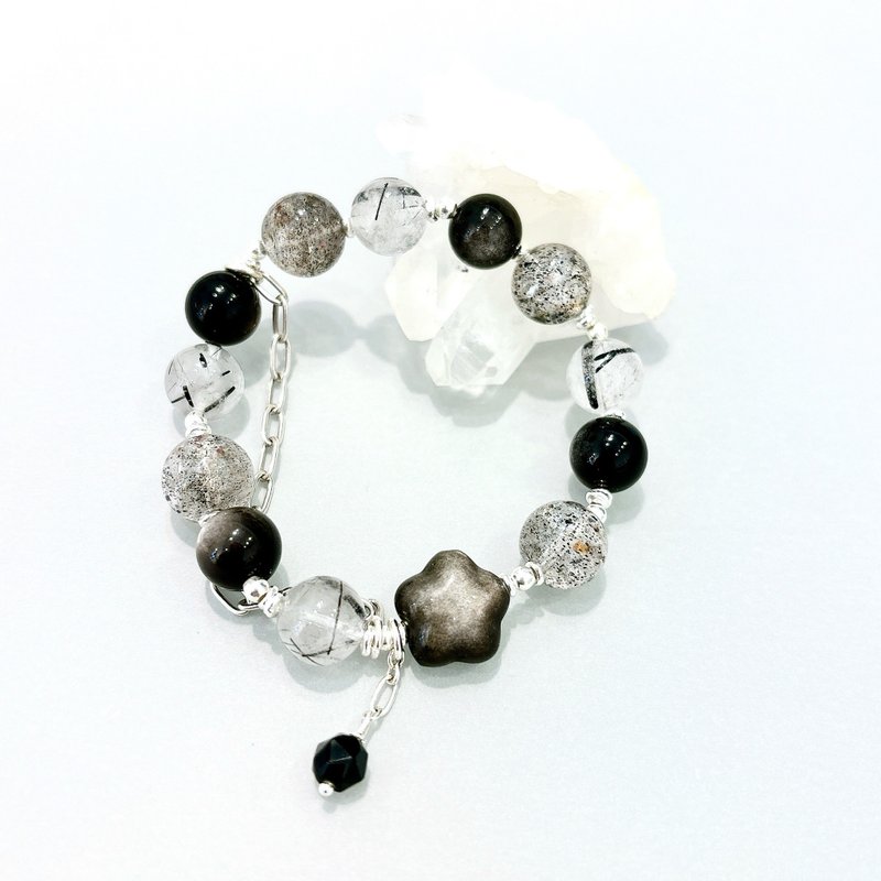 Ops black silver bracelet -黑髪晶/黑草莓晶/银曜石/纯银/招财 - 手链/手环 - 其他金属 黑色