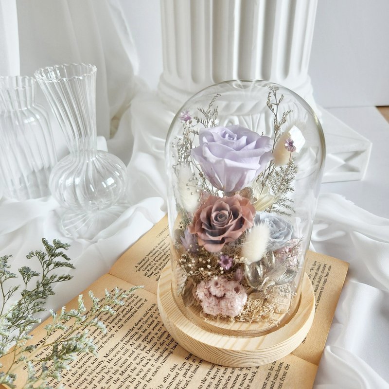 玻璃花钟 灰紫配色 不凋花 永生花 干燥花 生日礼物 长型玻璃钟罩 - 干燥花/捧花 - 植物．花 灰色