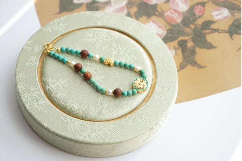天然原矿 绿松石 烧蓝小青龙山鬼花牌设计手串 - 手链/手环 - 植物．花 绿色