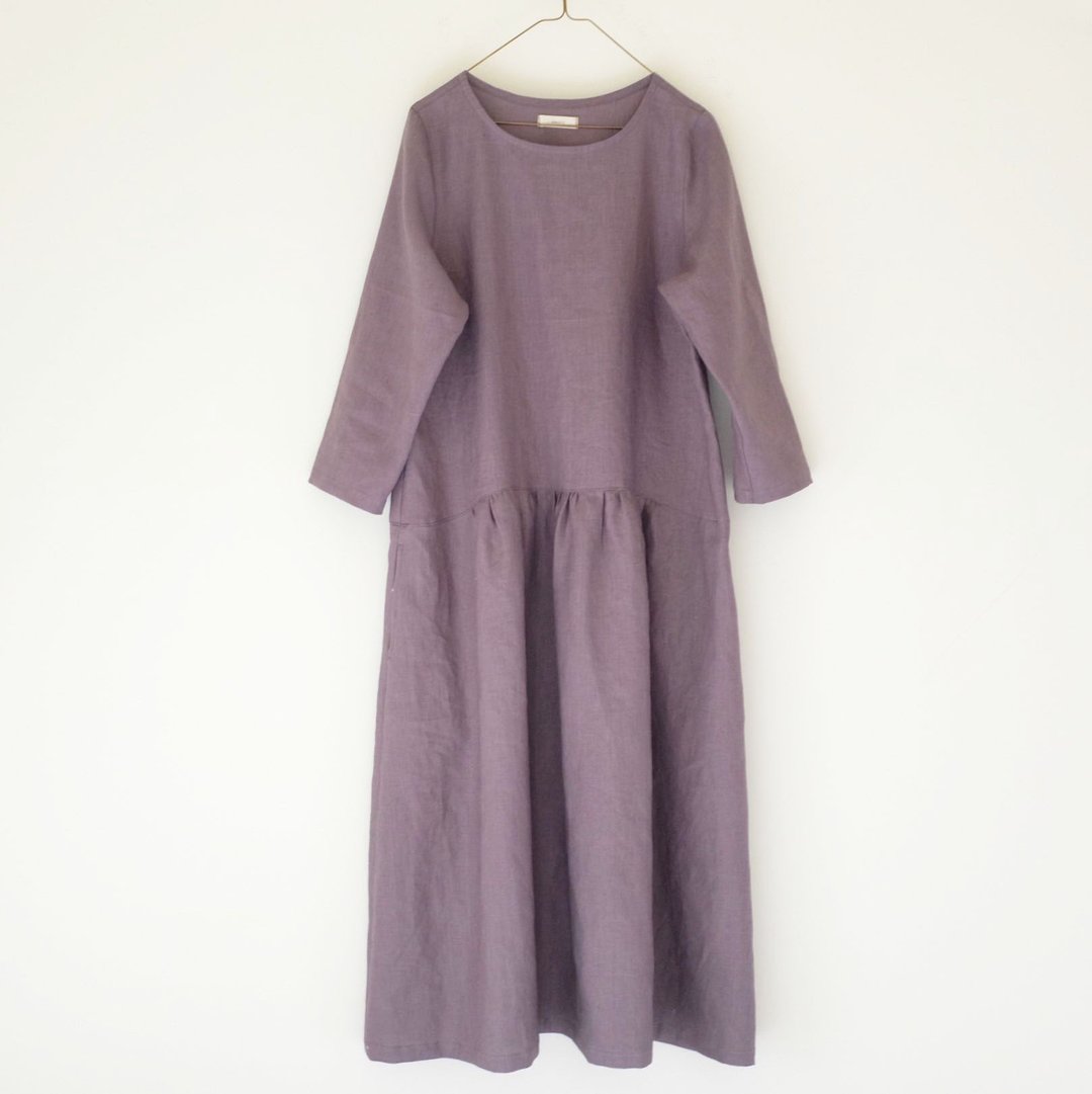 日常手作服 森林女孩紫灰八分袖长洋装 亚麻 - 洋装/连衣裙 - 棉 灰色