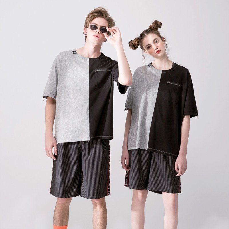 Goody Bag - 双色拼接短袖t-shirt / 黑色+黑色 - 男装上衣/T 恤 - 棉．麻 黑色