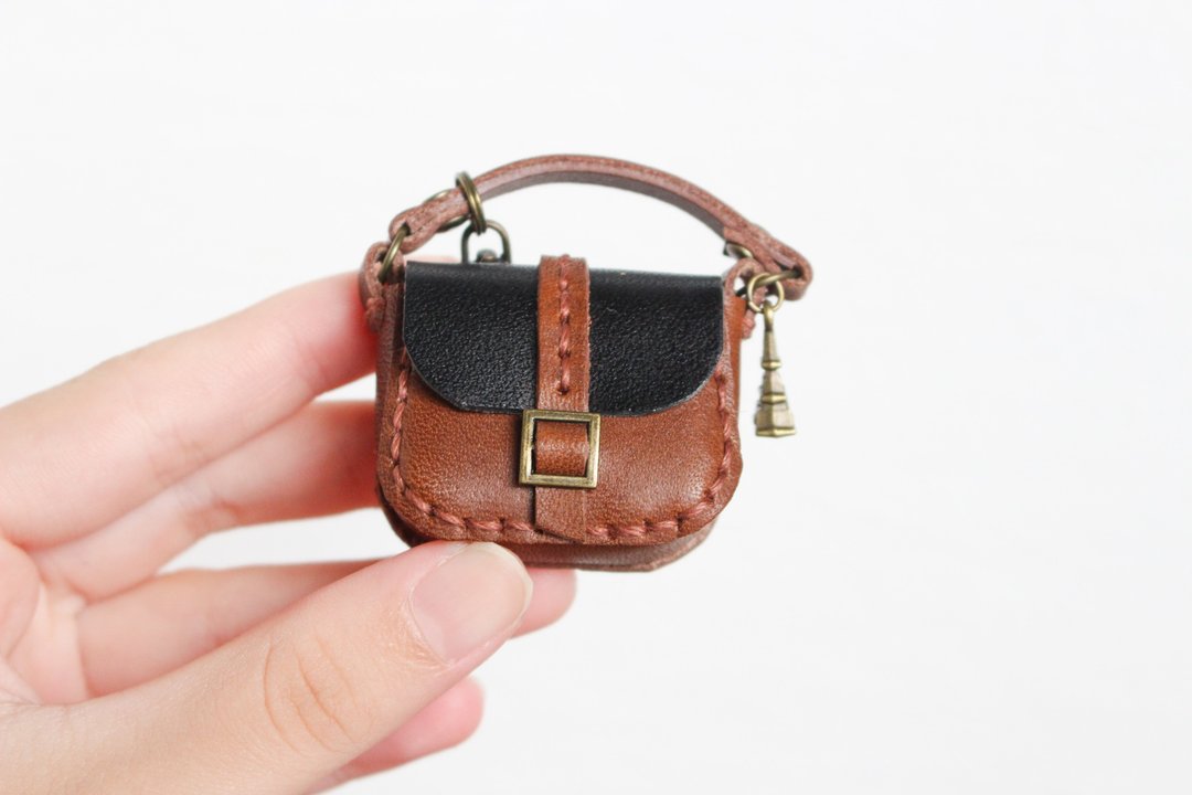 Genuine Leather Miniature Bag Bag Charm Brown and Black with Strap - 吊饰 - 真皮 黑色