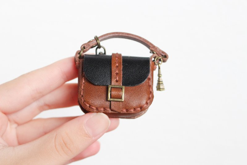Genuine Leather Miniature Bag Bag Charm Brown and Black with Strap - 吊饰 - 真皮 黑色