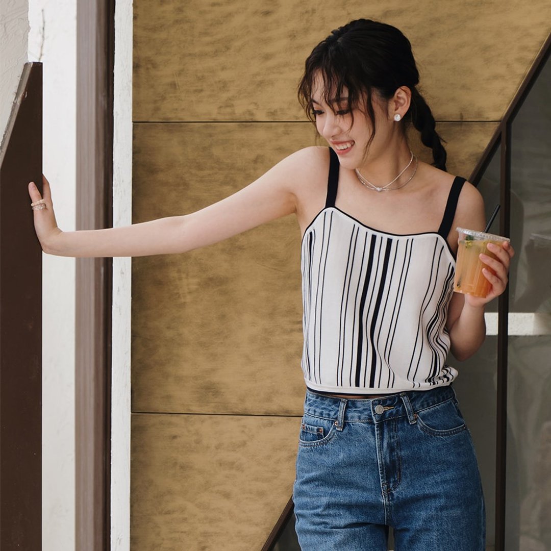 藏青条纹吊带衫|背心|春夏款|Sora-914 - 女装背心 - 其他人造纤维 白色