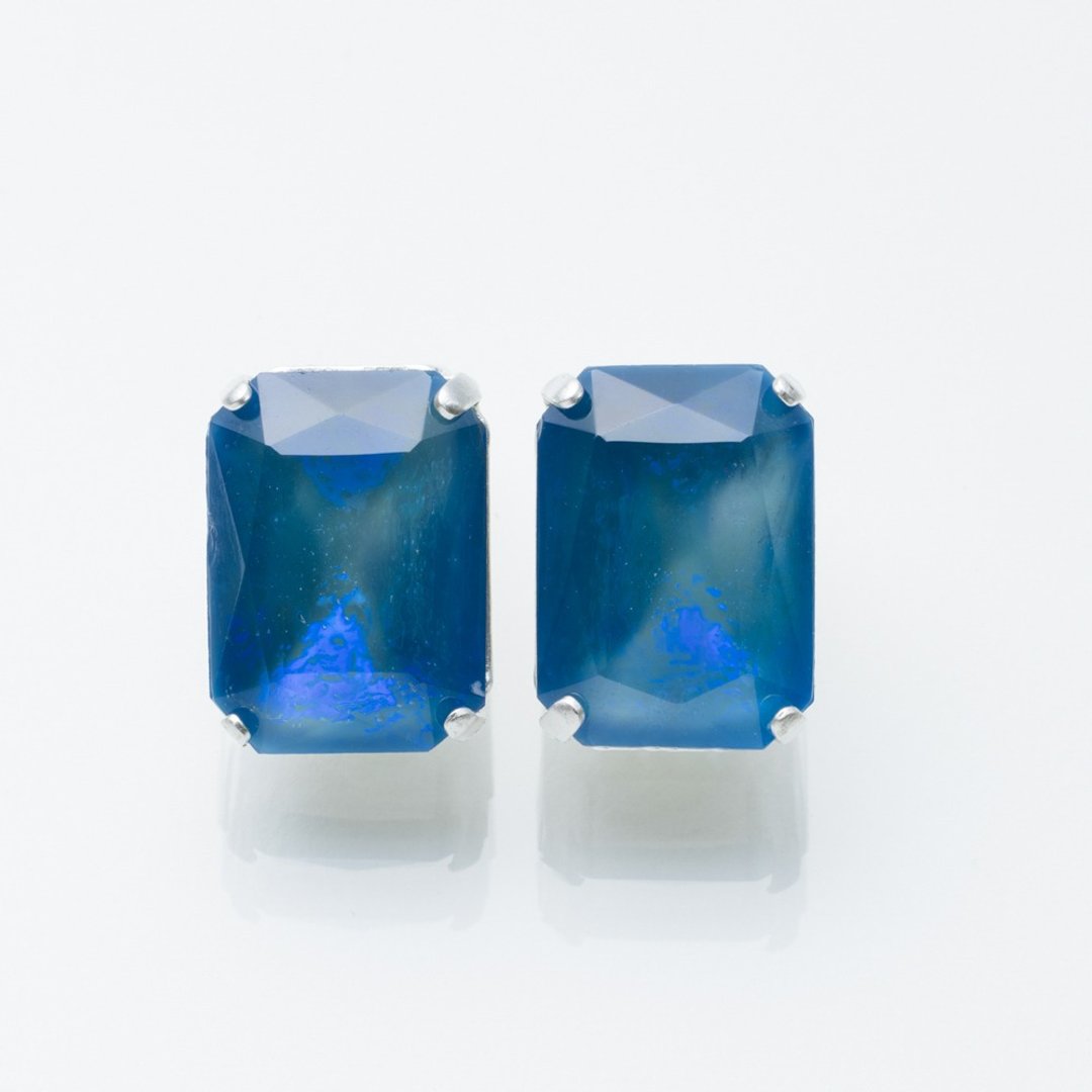 Blue wave Clip-On matte Silver - 耳环/耳夹 - 玻璃 蓝色