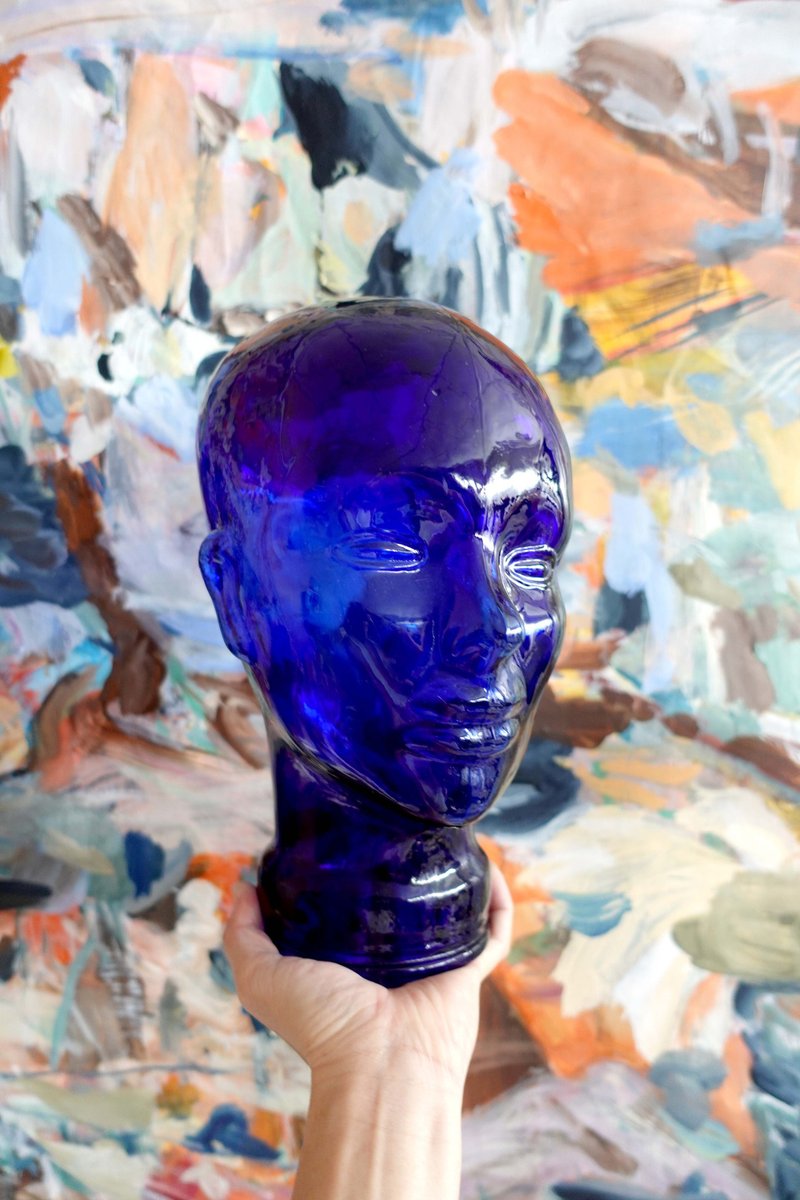 美国古董装饰摆设蓝色玻璃人头摆设 西班牙制 家居时装店帽子陈列 - 项链 - 玻璃 蓝色