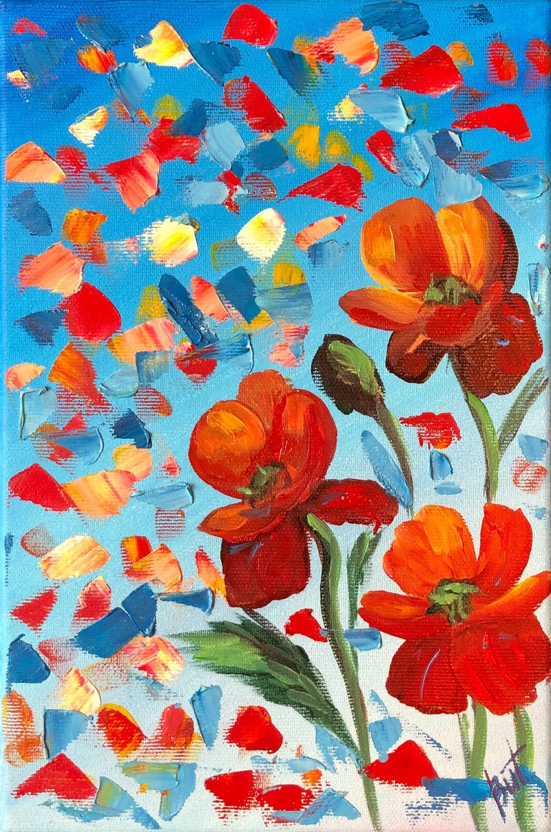 Poppies Painting Field Flowers Original Oil Art Flowers Artwork Floral Wall Art - 海报/装饰画/版画 - 其他材质 蓝色
