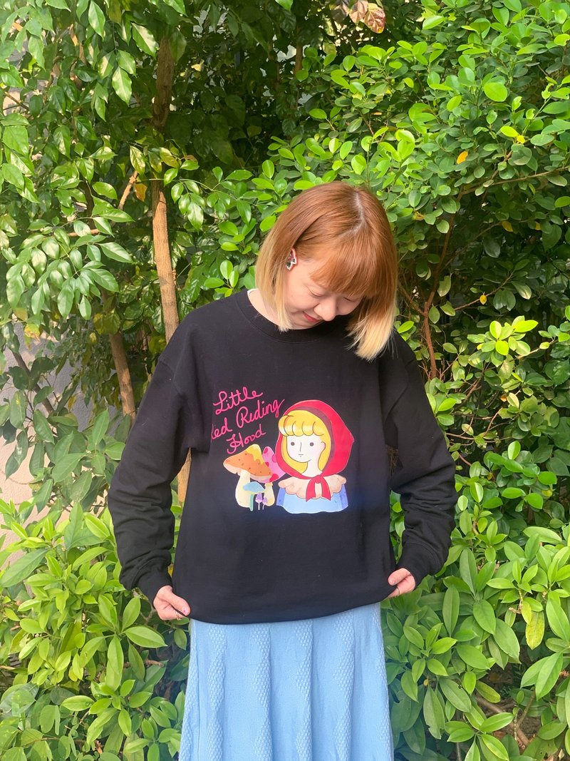 小红帽小人儿插画卫衣 - 中性连帽卫衣/T 恤 - 棉．麻 黑色