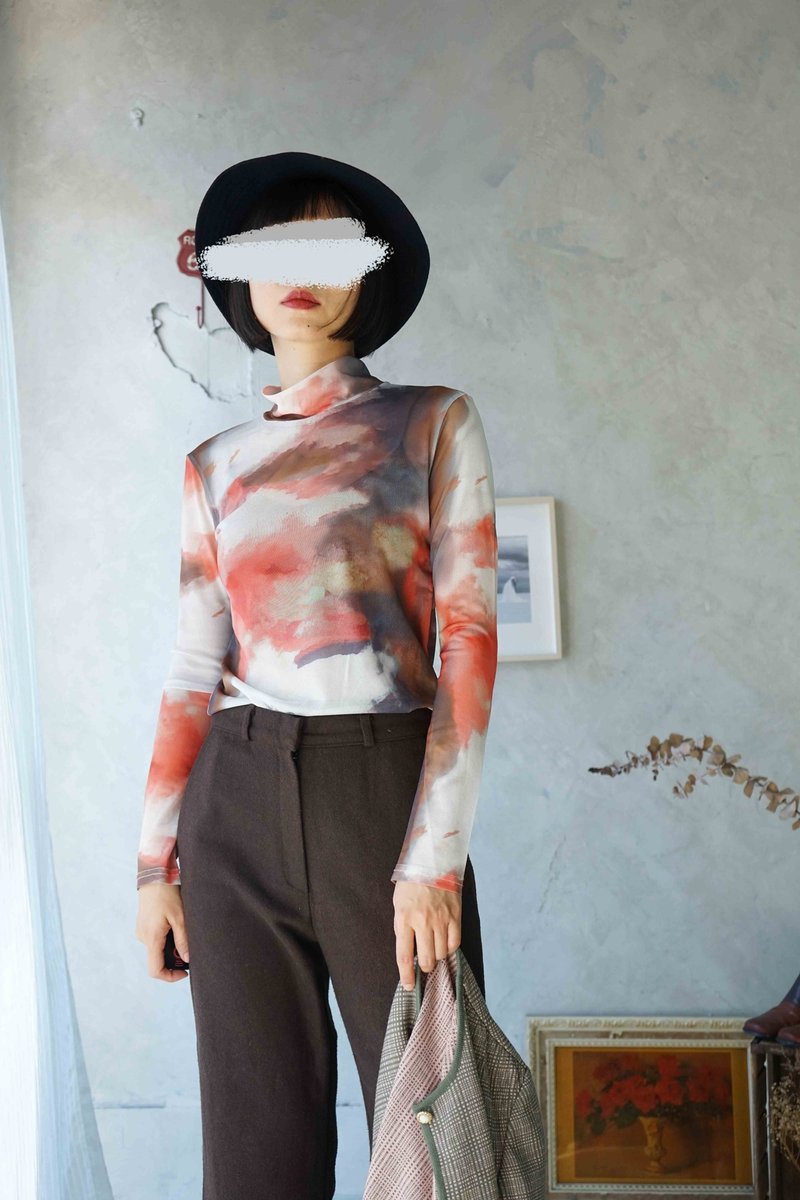 寻宝古着-个性灰橘晕染网纱弹性透肤上衣 - 女装上衣 - 聚酯纤维 橘色