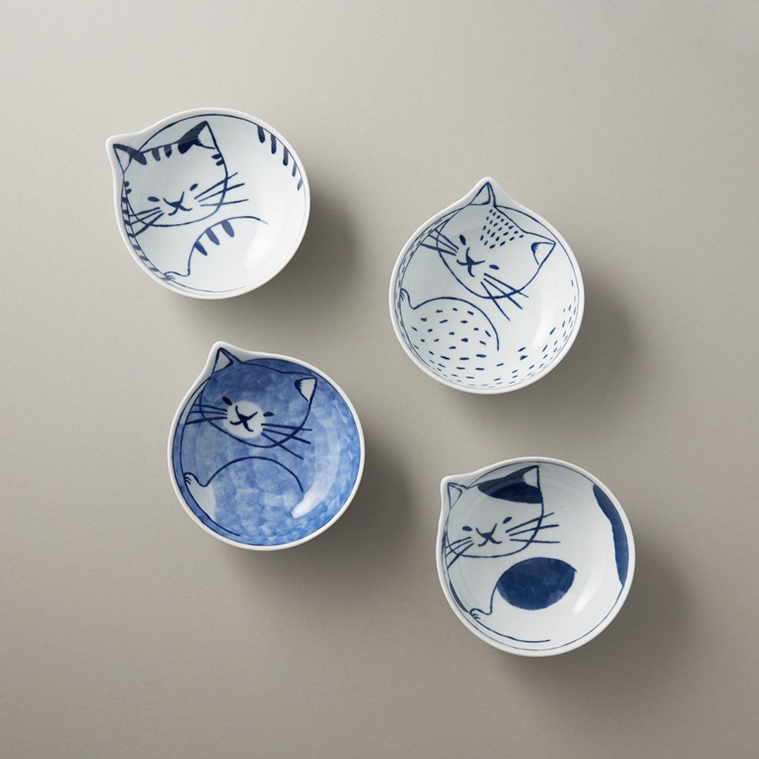 石丸波佐见烧 - neco 猫汤碟礼盒(4件组) - 碗 - 瓷 白色