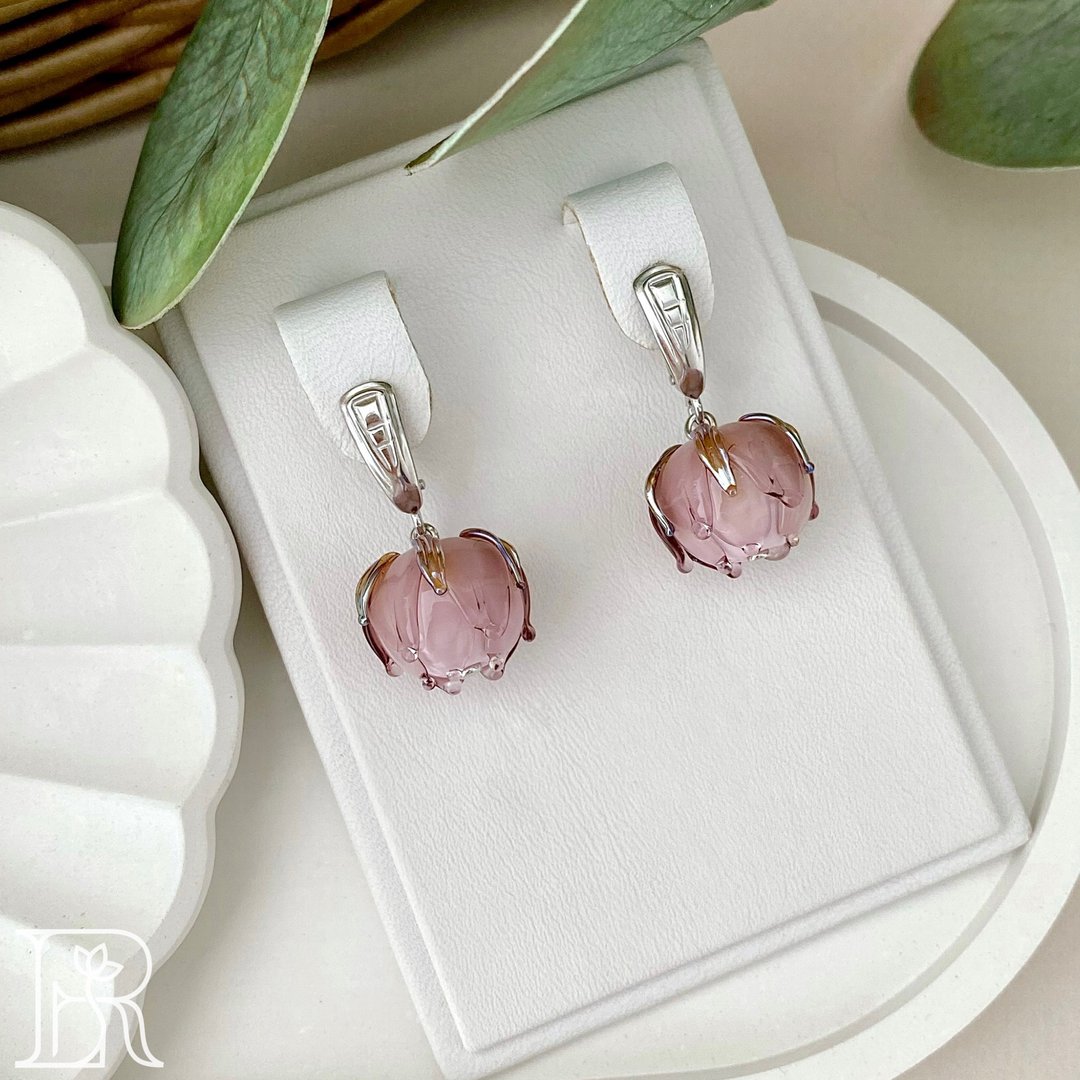 Wedding Flowers Cute Earrings for Teens / Cute Silver Dangle Flower Earrings - 耳环/耳夹 - 纯银 粉红色