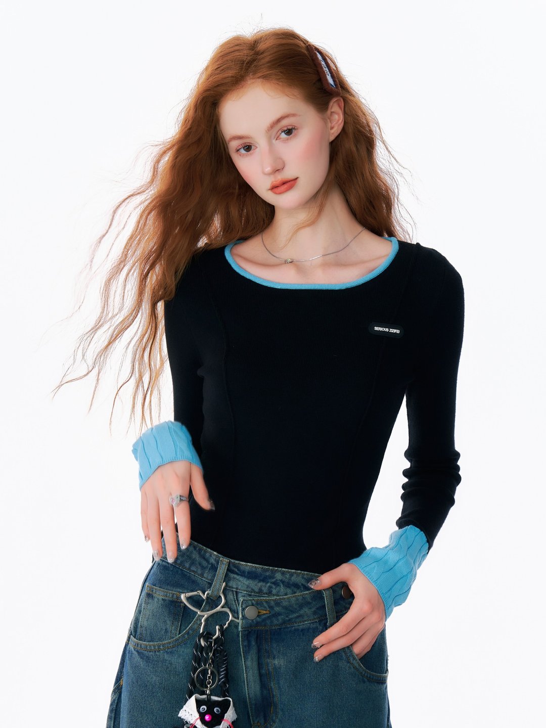 ziziFei秋冬季美式复古撞色拼接设计感修身显瘦圆领针织打底衫女 - 女装针织衫/毛衣 - 其他材质 黑色