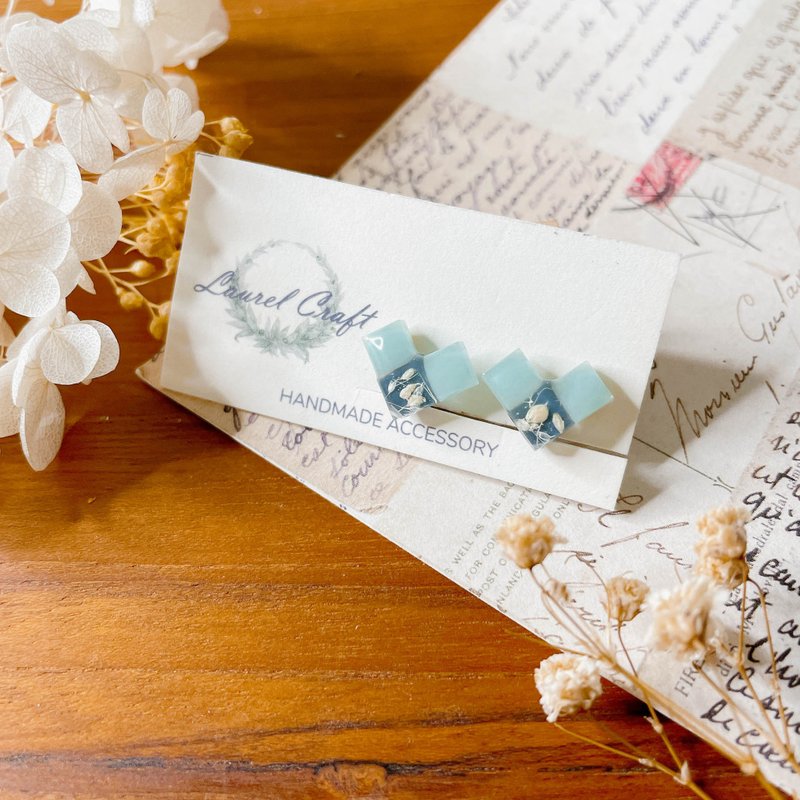 马赛克爱心系列 湖水绿/深蓝碎花 小款 925纯银针耳环/无痛耳夹 - 耳环/耳夹 - 植物．花 绿色