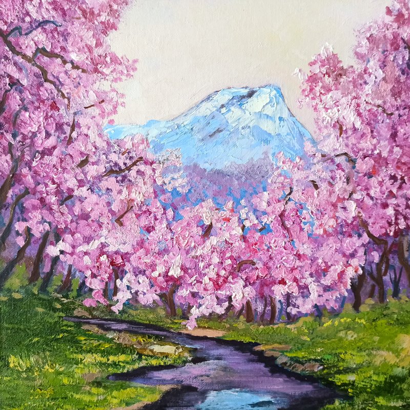 樱花油画画布板 30x30厘米 富士山风景画作 - 海报/装饰画/版画 - 其他材质 
