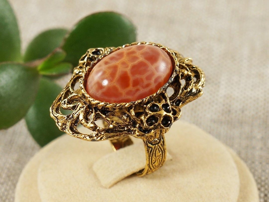 Orange Fire Red Agate Large Golden Statement Adjustable Ring Woman Jewelry Gift - 戒指 - 半宝石 橘色