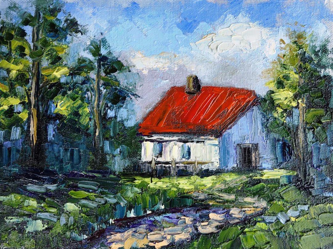 Village Painting Oil Rural Original Art 油畫原作 Summer Meadow Landscape Artwork - 海报/装饰画/版画 - 颜料 多色